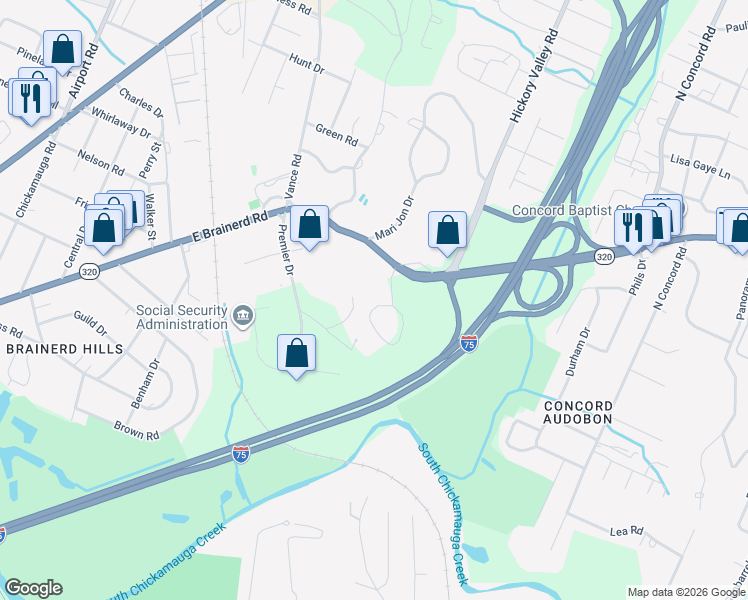 map of restaurants, bars, coffee shops, grocery stores, and more near 1002 Roselawn Drive in Chattanooga