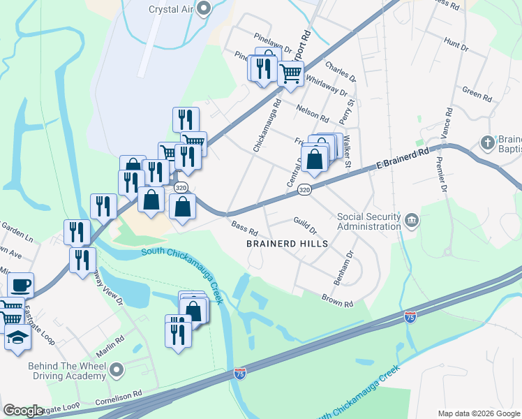 map of restaurants, bars, coffee shops, grocery stores, and more near 6150 East Brainerd Road in Chattanooga