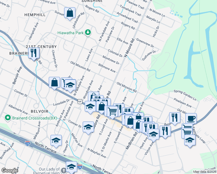map of restaurants, bars, coffee shops, grocery stores, and more near 121 North Moore Road in Chattanooga