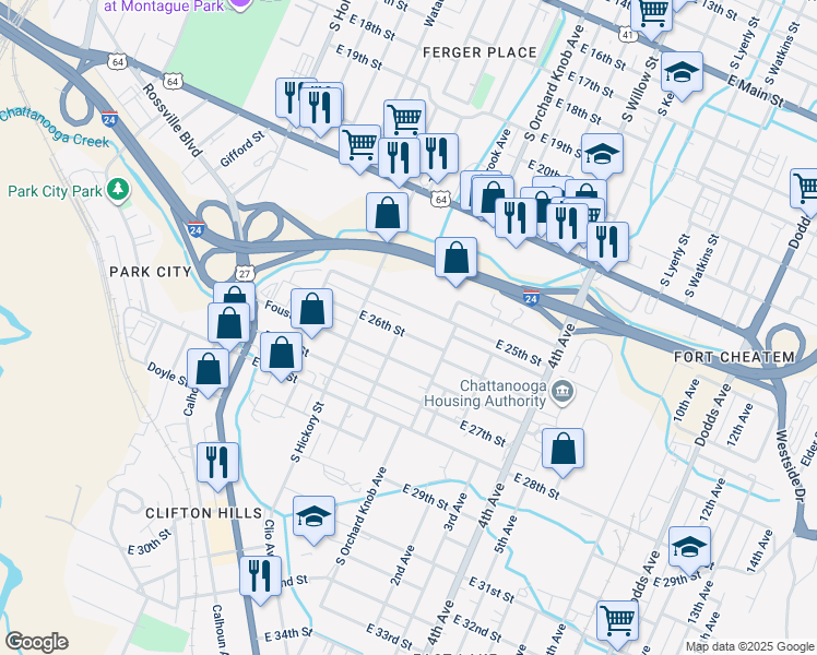 map of restaurants, bars, coffee shops, grocery stores, and more near 1805 East 26th Street in Chattanooga