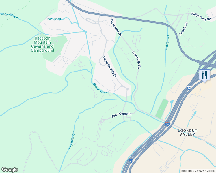 map of restaurants, bars, coffee shops, grocery stores, and more near 718 Black Creek Drive in Chattanooga