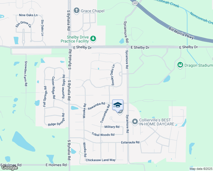 map of restaurants, bars, coffee shops, grocery stores, and more near 1134 West Old Hearthstone Circle in Collierville