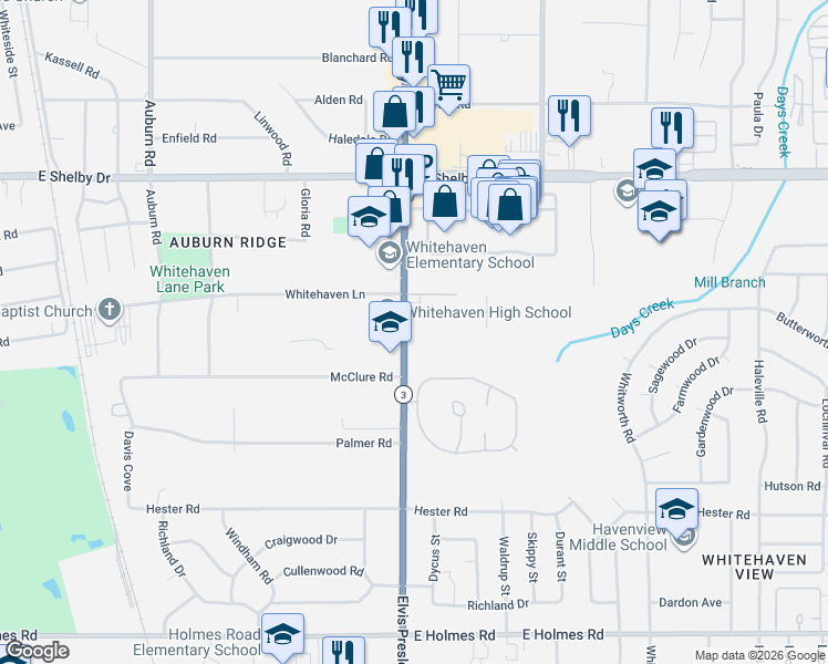 map of restaurants, bars, coffee shops, grocery stores, and more near 4855 Elvis Presley Boulevard in Memphis