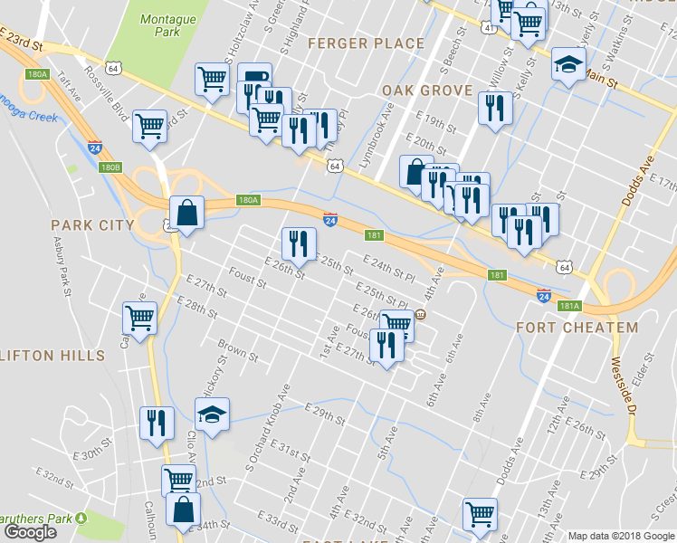 map of restaurants, bars, coffee shops, grocery stores, and more near 2503 South Orchard Knob Avenue in Chattanooga