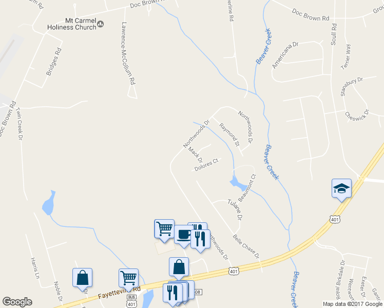 map of restaurants, bars, coffee shops, grocery stores, and more near 108 Mack Drive in Raeford