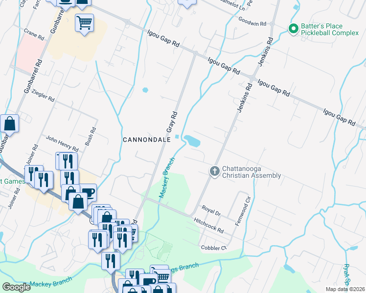 map of restaurants, bars, coffee shops, grocery stores, and more near 8256 Chula Creek Road in Chattanooga