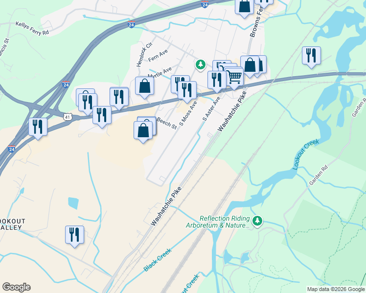 map of restaurants, bars, coffee shops, grocery stores, and more near 213 South Aster Avenue in Chattanooga