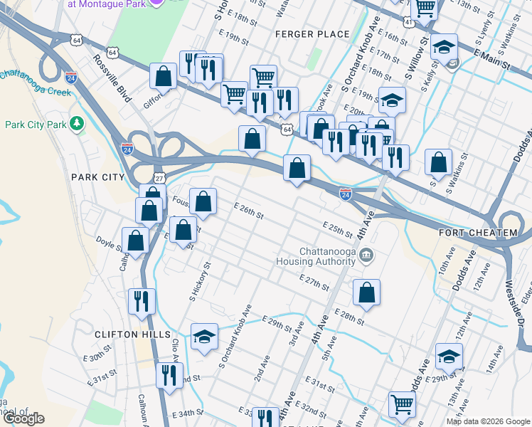 map of restaurants, bars, coffee shops, grocery stores, and more near 1805 East 26th Street in Chattanooga