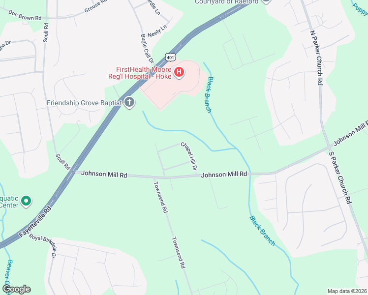 map of restaurants, bars, coffee shops, grocery stores, and more near 128 Chapel Hill Drive in Raeford