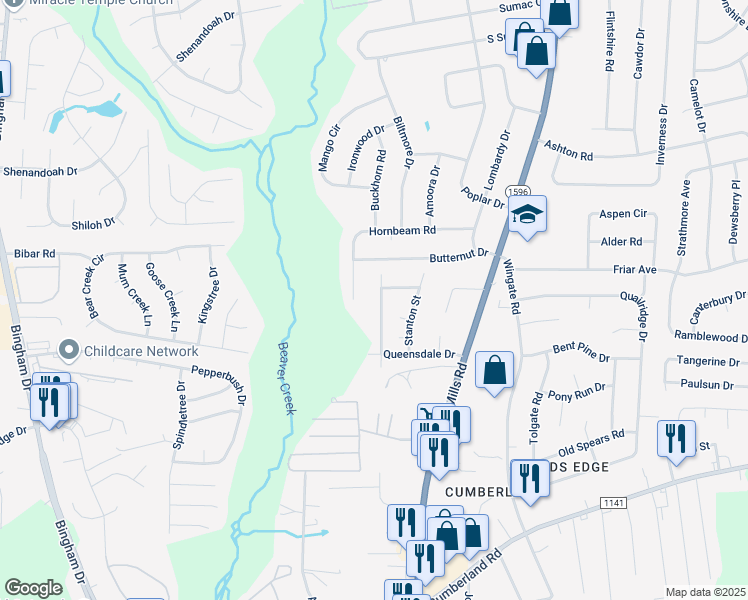 map of restaurants, bars, coffee shops, grocery stores, and more near 2226 Memory Street in Fayetteville