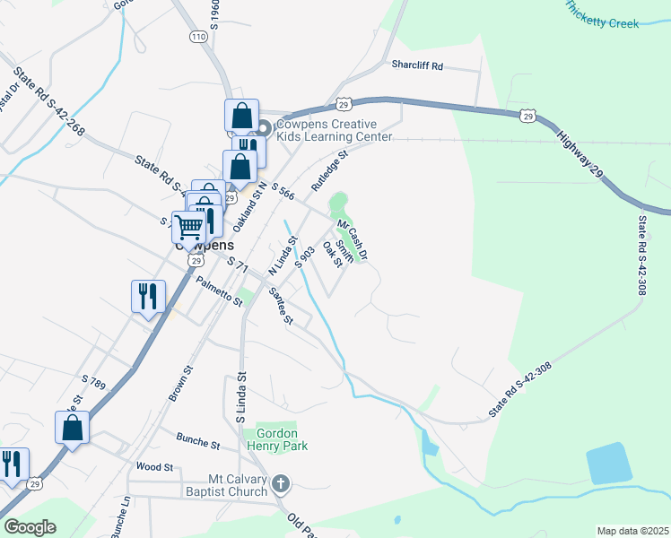 map of restaurants, bars, coffee shops, grocery stores, and more near 120 Oak St in Cowpens