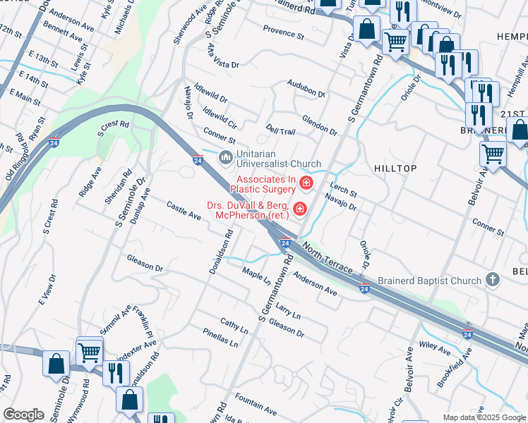 map of restaurants, bars, coffee shops, grocery stores, and more near 3314 Frawley Street in Chattanooga