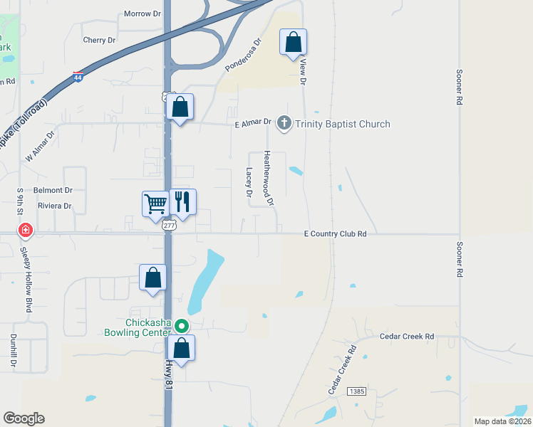 map of restaurants, bars, coffee shops, grocery stores, and more near 311 Lacey Dr in Chickasha