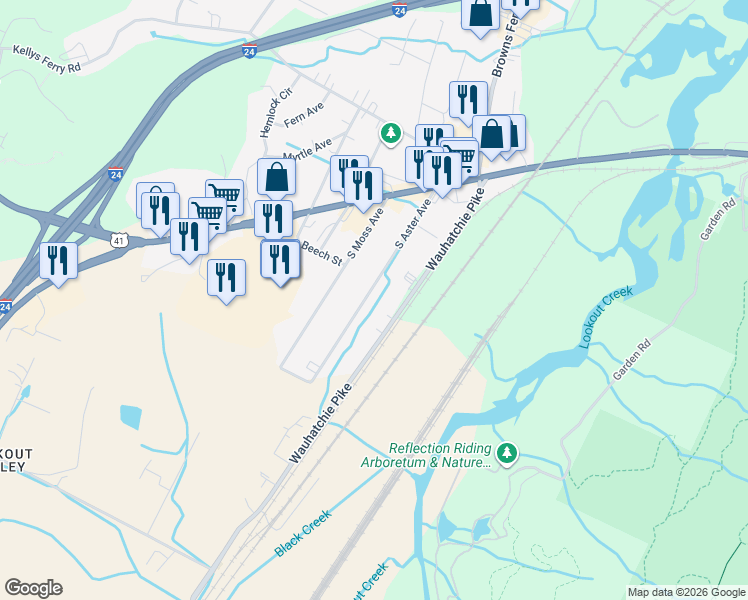 map of restaurants, bars, coffee shops, grocery stores, and more near 213 South Aster Avenue in Chattanooga