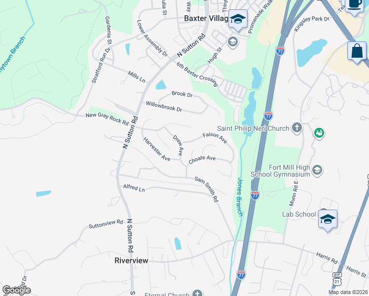 map of restaurants, bars, coffee shops, grocery stores, and more near 731 Drew Ave in Fort Mill