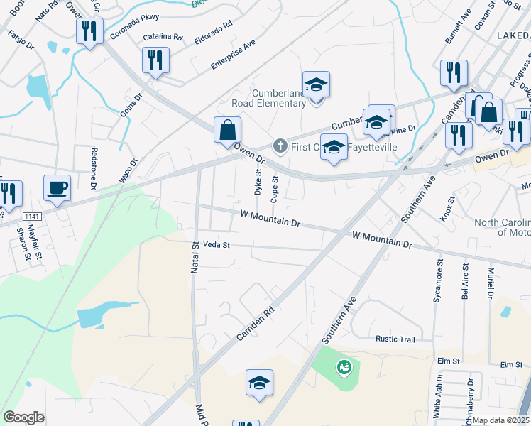 map of restaurants, bars, coffee shops, grocery stores, and more near 716 West Mountain Drive in Fayetteville