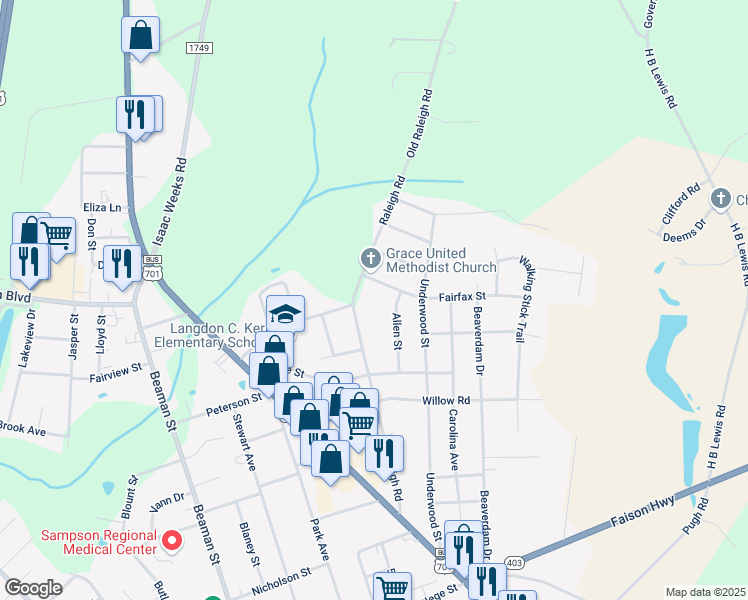 map of restaurants, bars, coffee shops, grocery stores, and more near 1102 Raleigh Road in Clinton
