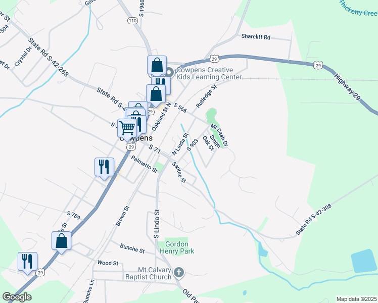 map of restaurants, bars, coffee shops, grocery stores, and more near 116 South 903 in Cowpens