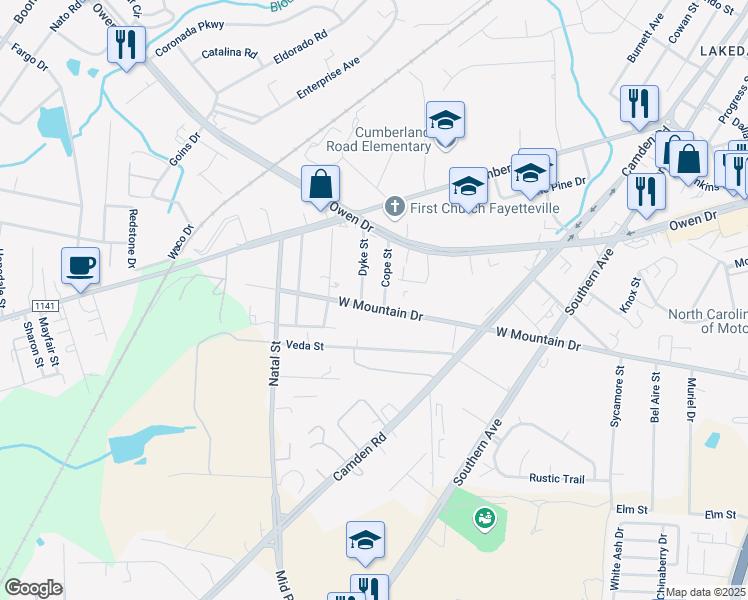 map of restaurants, bars, coffee shops, grocery stores, and more near 716 West Mountain Drive in Fayetteville