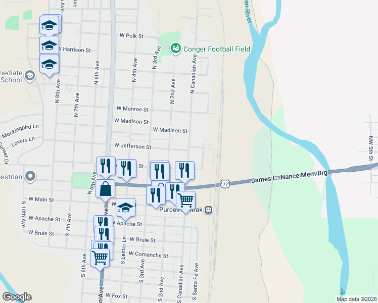 map of restaurants, bars, coffee shops, grocery stores, and more near 330 North Canadian Avenue in Purcell