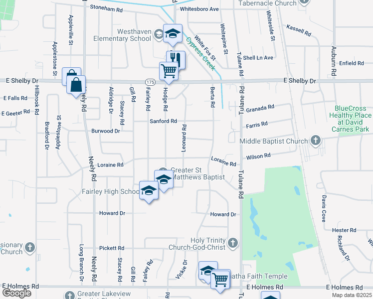 map of restaurants, bars, coffee shops, grocery stores, and more near 4850 Leonard Road in Memphis