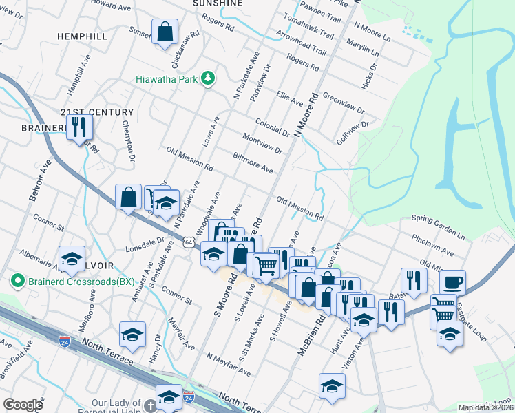 map of restaurants, bars, coffee shops, grocery stores, and more near 121 N Moore Rd in Chattanooga