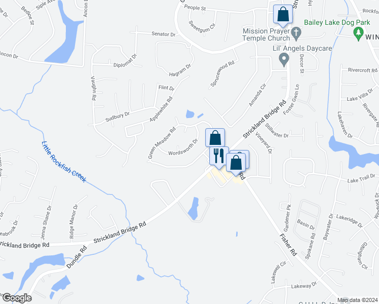map of restaurants, bars, coffee shops, grocery stores, and more near 1923 Wordsworth Drive in Fayetteville
