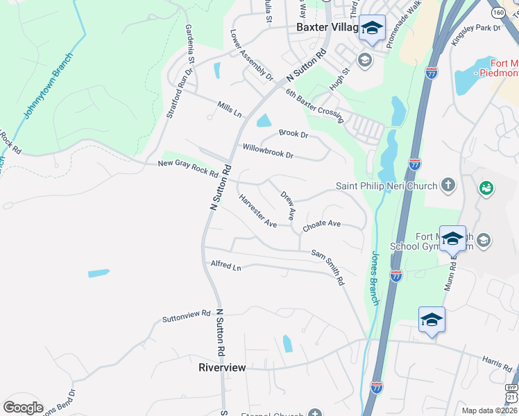 map of restaurants, bars, coffee shops, grocery stores, and more near 2326 Harvester Avenue in Fort Mill