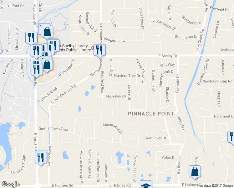 map of restaurants, bars, coffee shops, grocery stores, and more near 7288 Nicholas Ln in Memphis