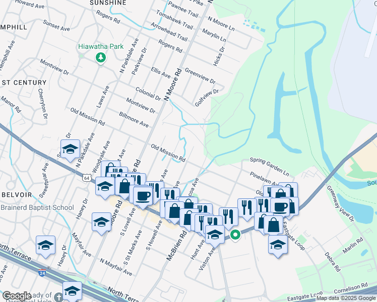 map of restaurants, bars, coffee shops, grocery stores, and more near 307 North Howell Avenue in Chattanooga