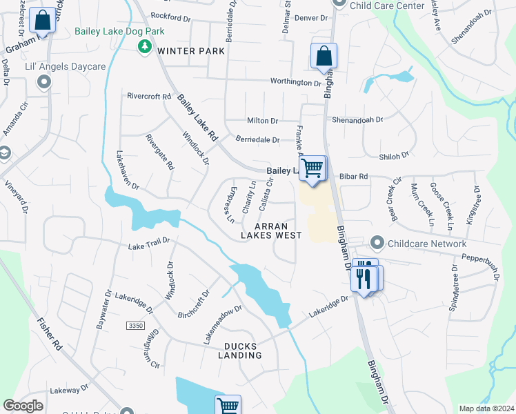 map of restaurants, bars, coffee shops, grocery stores, and more near 1738 Calista Circle in Fayetteville