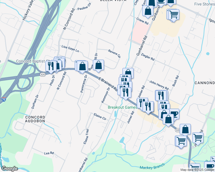 map of restaurants, bars, coffee shops, grocery stores, and more near 7301 Kenmoor Drive in Chattanooga