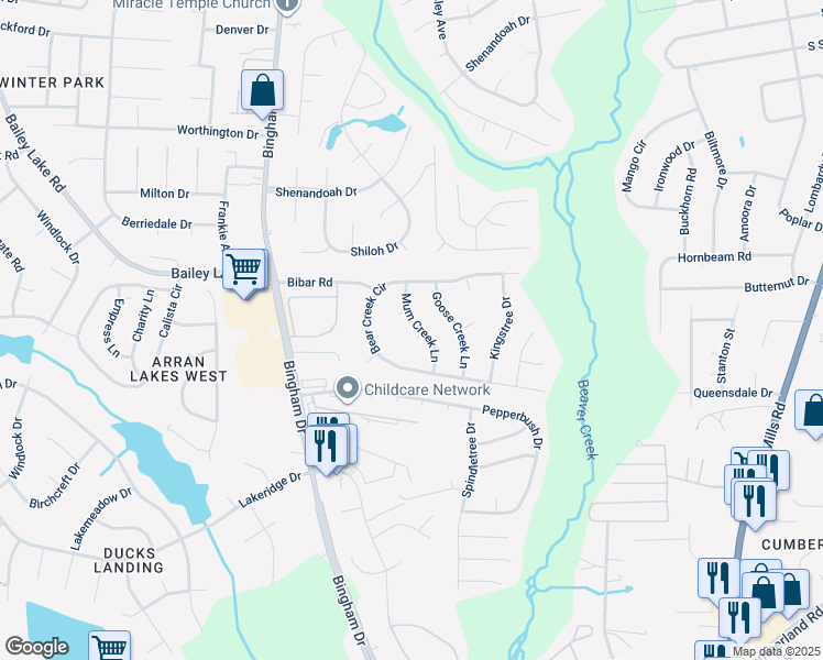 map of restaurants, bars, coffee shops, grocery stores, and more near 5623 Mum Creek Lane in Fayetteville