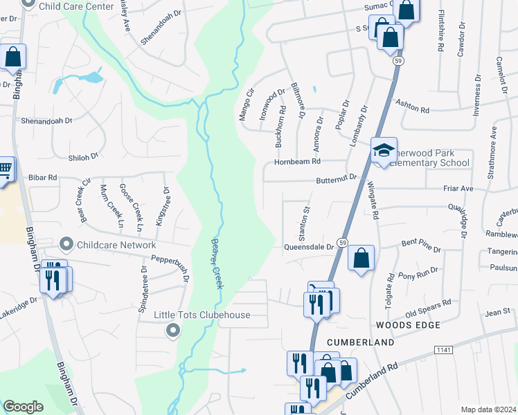 map of restaurants, bars, coffee shops, grocery stores, and more near 5312 Hornbeam Road in Fayetteville