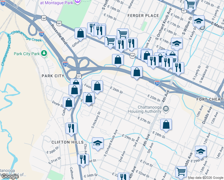 map of restaurants, bars, coffee shops, grocery stores, and more near 1702 East 26th Street in Chattanooga