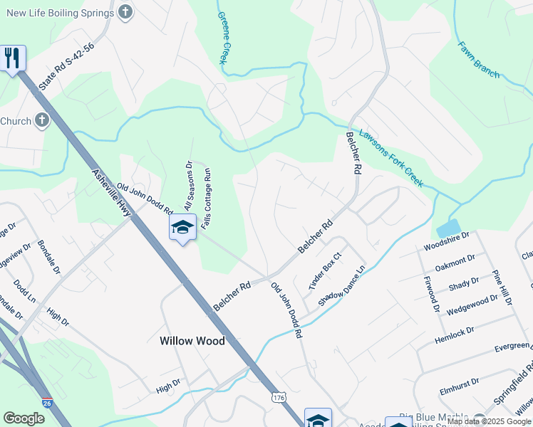 map of restaurants, bars, coffee shops, grocery stores, and more near 109-111 Hunter Drive in Boiling Springs