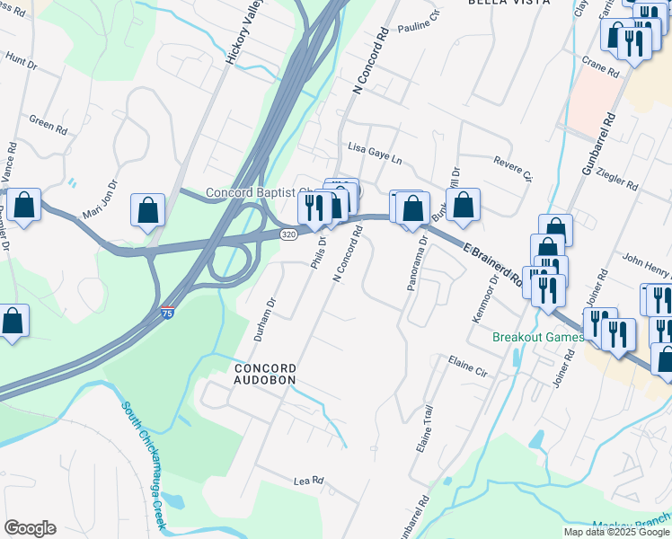 map of restaurants, bars, coffee shops, grocery stores, and more near 1347 North Concord Road in Chattanooga