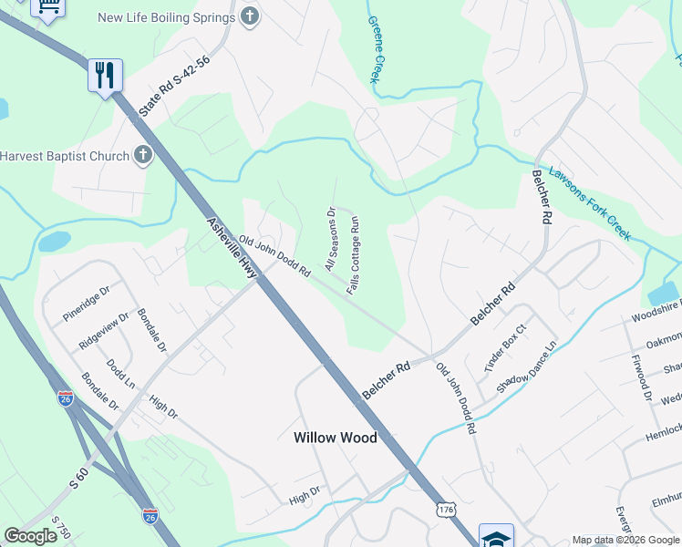 map of restaurants, bars, coffee shops, grocery stores, and more near 312 New Spring Lane in Boiling Springs