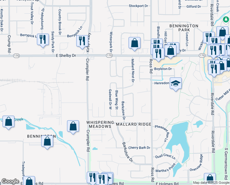 map of restaurants, bars, coffee shops, grocery stores, and more near 4845 Blue Wing Street in Memphis