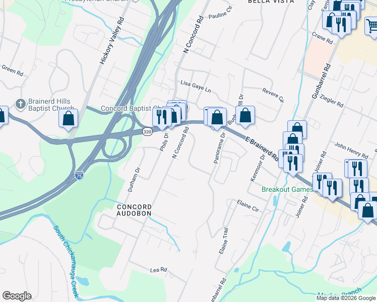 map of restaurants, bars, coffee shops, grocery stores, and more near 1215 King Arthur Road in Chattanooga