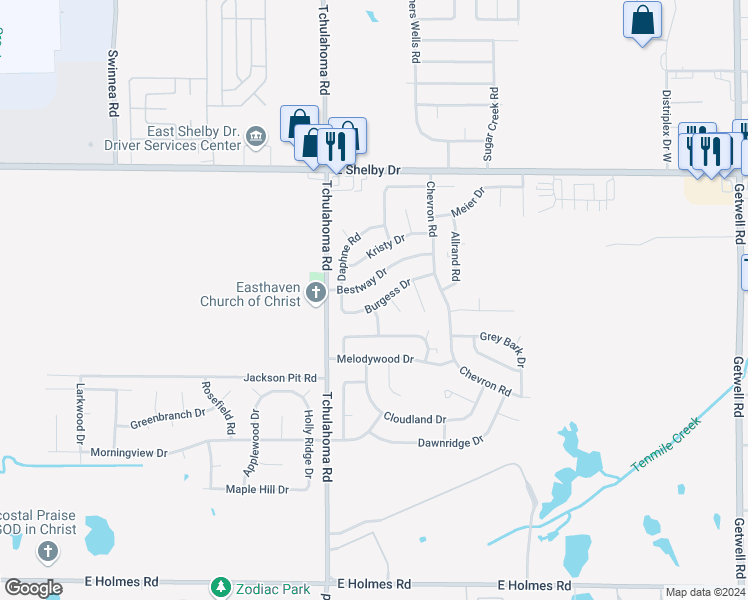 map of restaurants, bars, coffee shops, grocery stores, and more near 3340 Burgess Drive in Memphis
