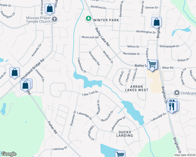 map of restaurants, bars, coffee shops, grocery stores, and more near 6205 Lakehaven Drive in Fayetteville