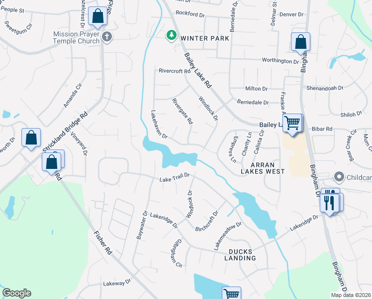 map of restaurants, bars, coffee shops, grocery stores, and more near 6225 Lakehaven Drive in Fayetteville