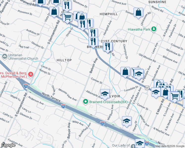 map of restaurants, bars, coffee shops, grocery stores, and more near 109 Thornton Avenue in Chattanooga