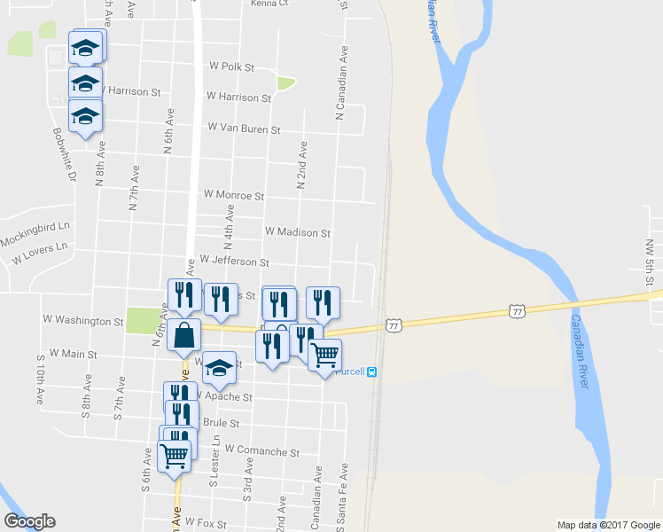 map of restaurants, bars, coffee shops, grocery stores, and more near 330 North Canadian Avenue in Purcell