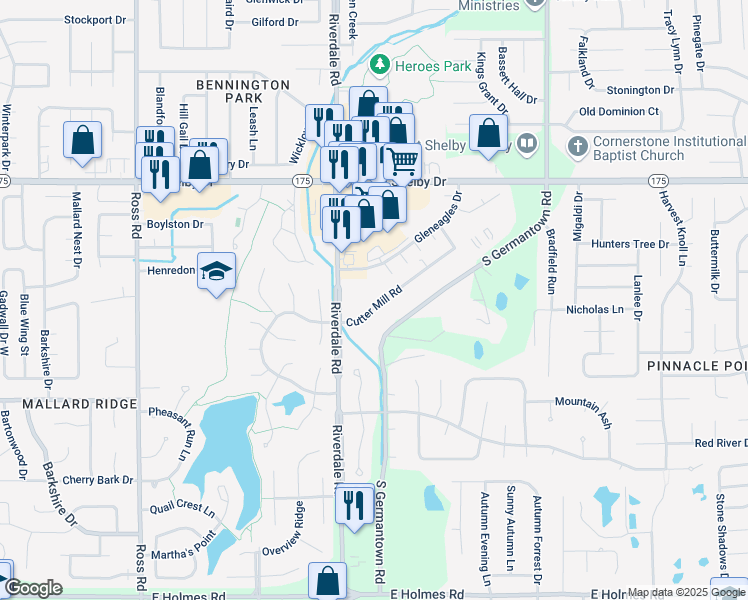 map of restaurants, bars, coffee shops, grocery stores, and more near 7010 Cutter Mill Road in Memphis