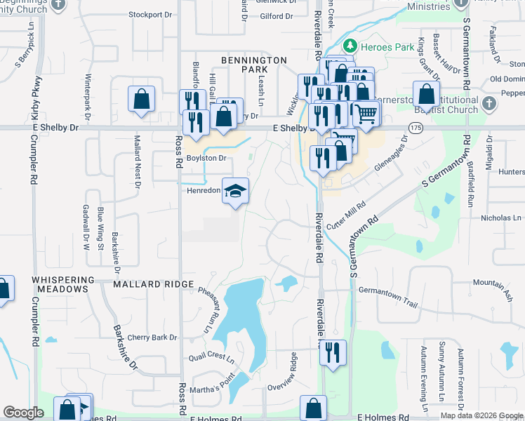 map of restaurants, bars, coffee shops, grocery stores, and more near 4839 Sturbridge Lane in Memphis