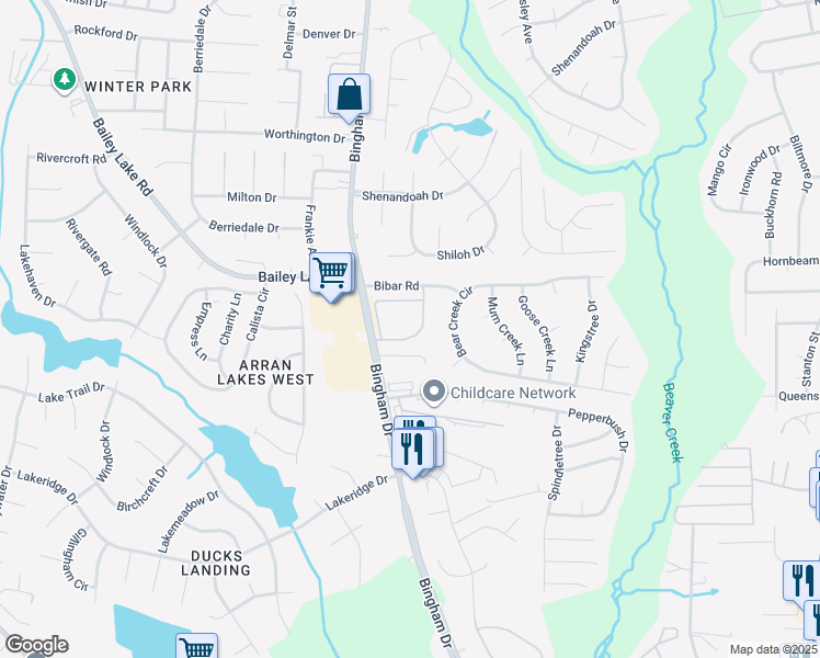 map of restaurants, bars, coffee shops, grocery stores, and more near 1731 Renwick Drive in Fayetteville