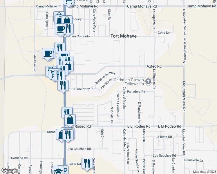 map of restaurants, bars, coffee shops, grocery stores, and more near 4850 Castilla Court in Fort Mohave