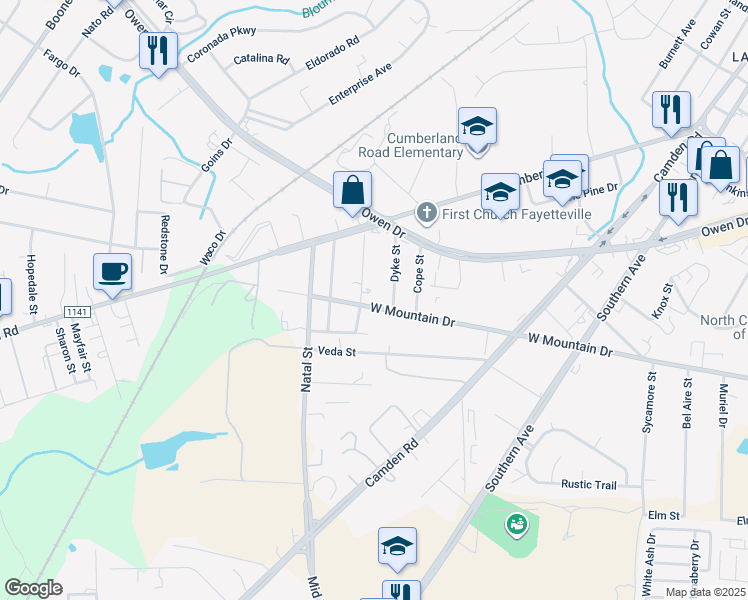 map of restaurants, bars, coffee shops, grocery stores, and more near 205 Bobbie St in Fayetteville